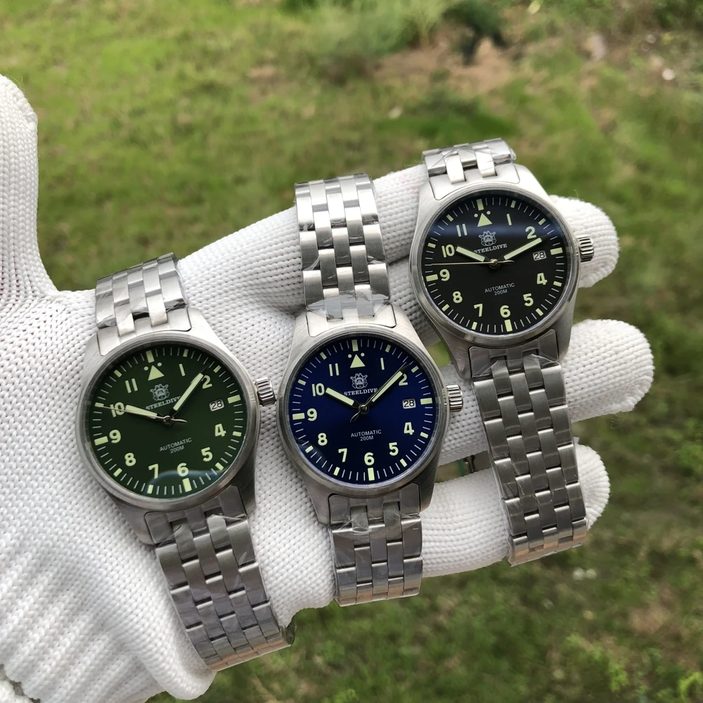 

STEELDIVE Watch Mark 9 Pilot Watches for Men Automatic Japan Original NH35 Sapphire Crystal Black Dial 316L Steel Stainless