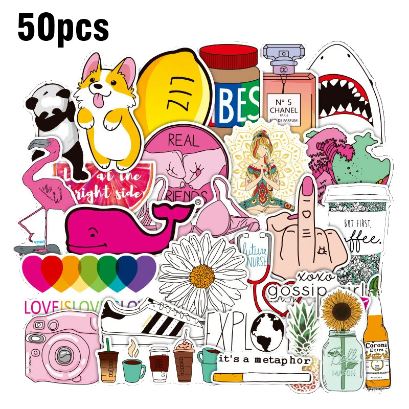 

50Pcs PVC Waterproof Girls Kawaii Pink Fun Sticker Toys Luggage Stickers for Motor Car & Suitcase Fashion Laptop Decals Stickers