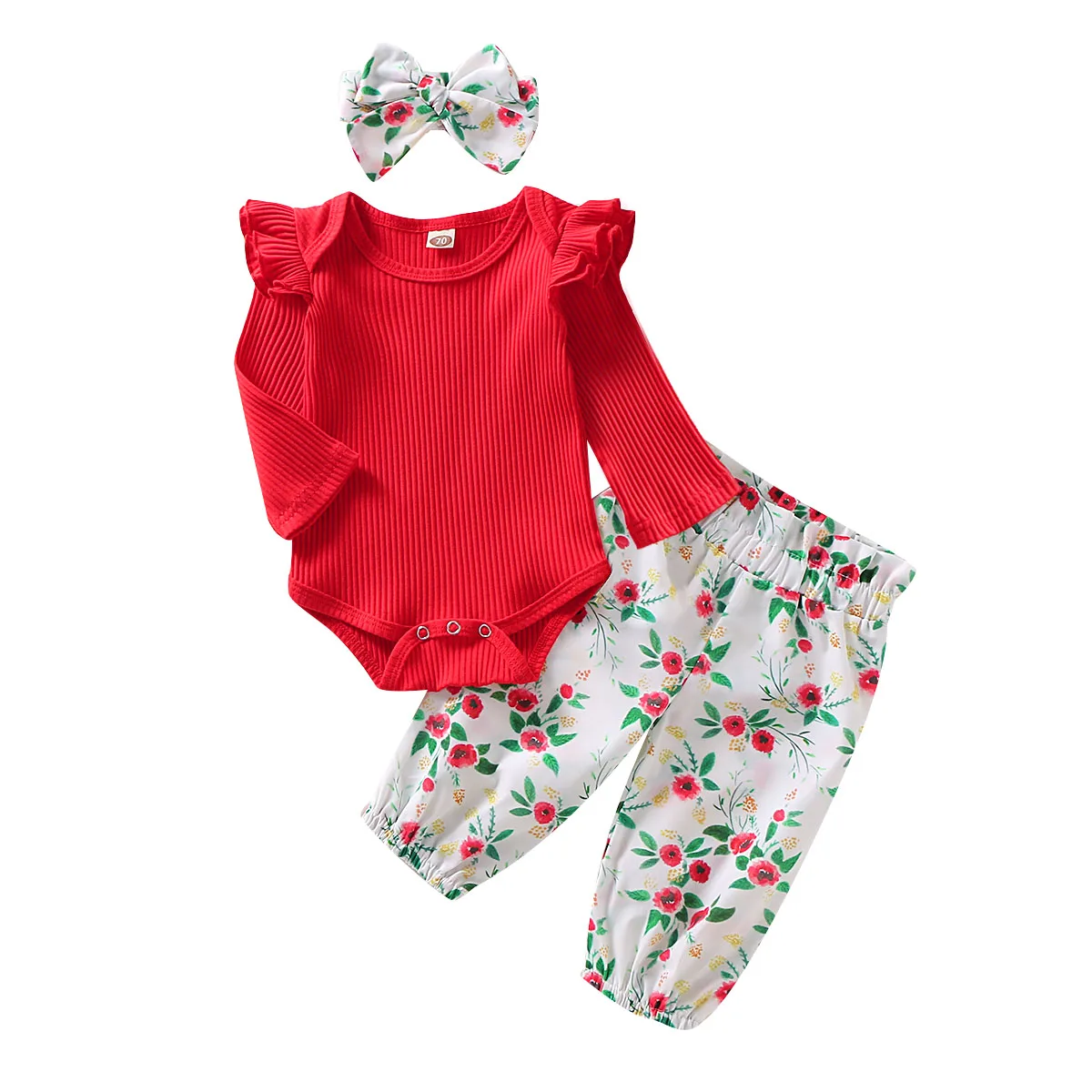 

2021 Spring and Autumn Baby Girl Clothes Set Long Sleeve Red Hanging Striped Top Floral Pants 3-piece Set
