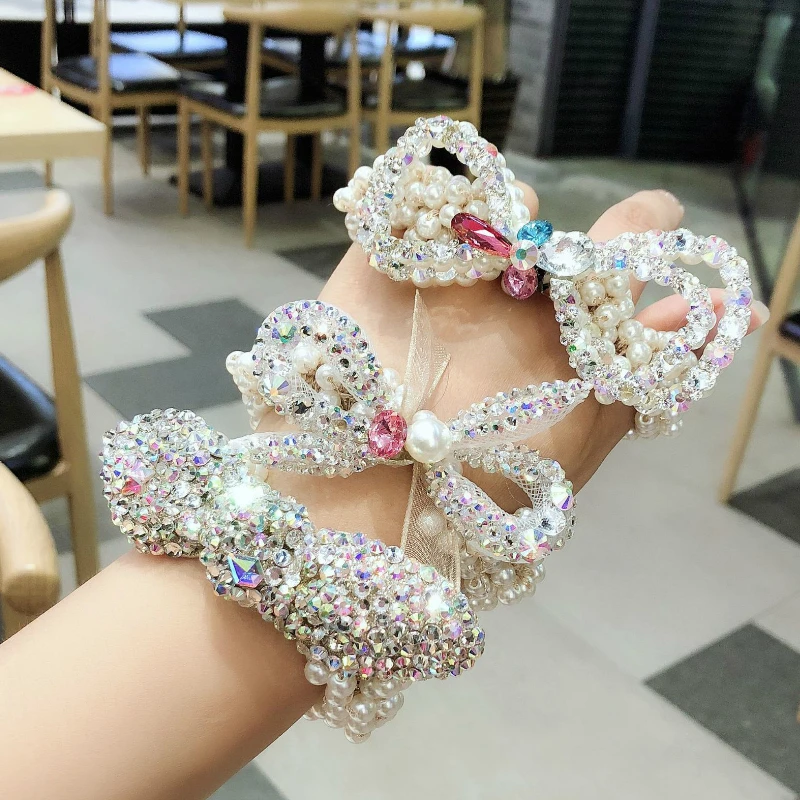 

Korean Pearl Elegant Bow Elastic Hair Band Fabric Scrunchies Rhinestone Crystal Bows Girls Jewelry Hairbands for Women Headpiece
