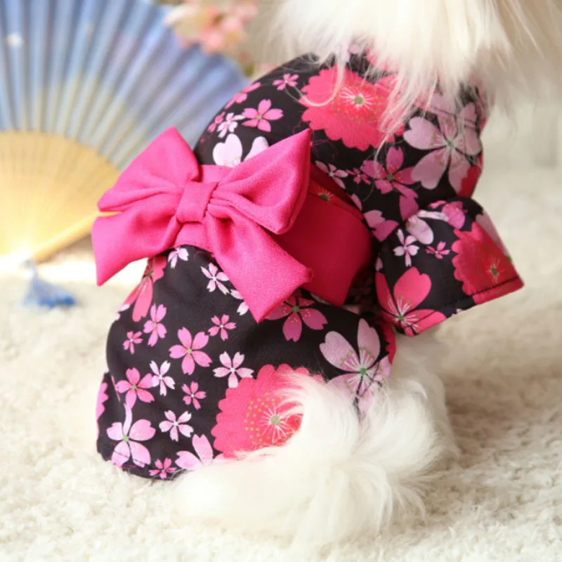 

Pet Dog Japanese Kimono Dress Clothes Puppy Cat Floral Bowknot Skirt Princess Dresses Clothing for Chihuahua Small Dogs Cats