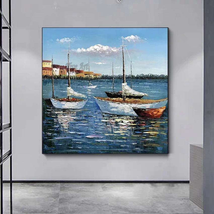 

Hand Painted Seaside Dock Boat Scenery Oil Painting On Canvas Modern Wall Art Pictures For Living Room Home Decor No Framed