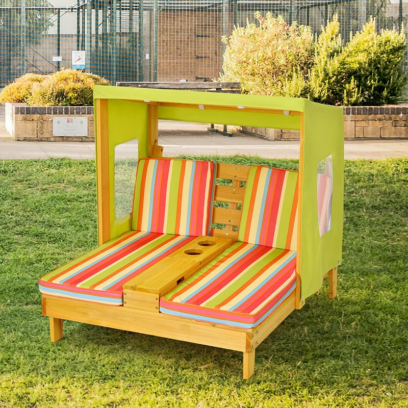 

Kids Lounge Patio Lounge Chair with Cup Holders and Practical Awning Solid Fir Wood Frame Thick Soft Cushions Sun Loungers