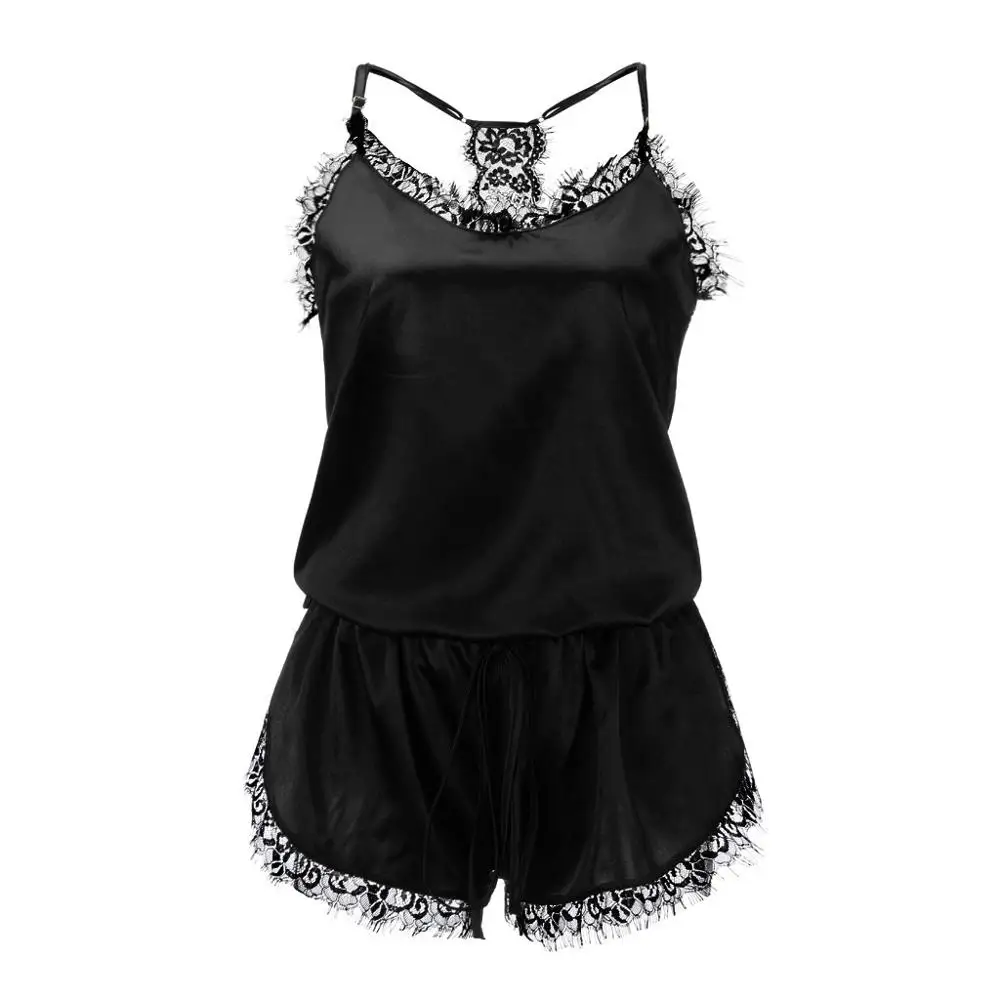 Женская пижама Сексуальный Атласный пижамный комплект Черная кружевная Пижама с