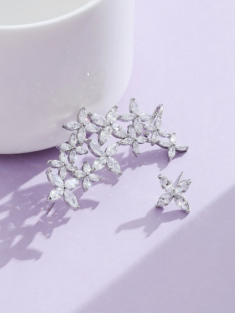 

LEKANI Cute Earrings Jewelry For Women Luxury Vintage Flower Cubic Zirconia CZ Ear Cuff Stud Earrings Wedding Engagement Gift