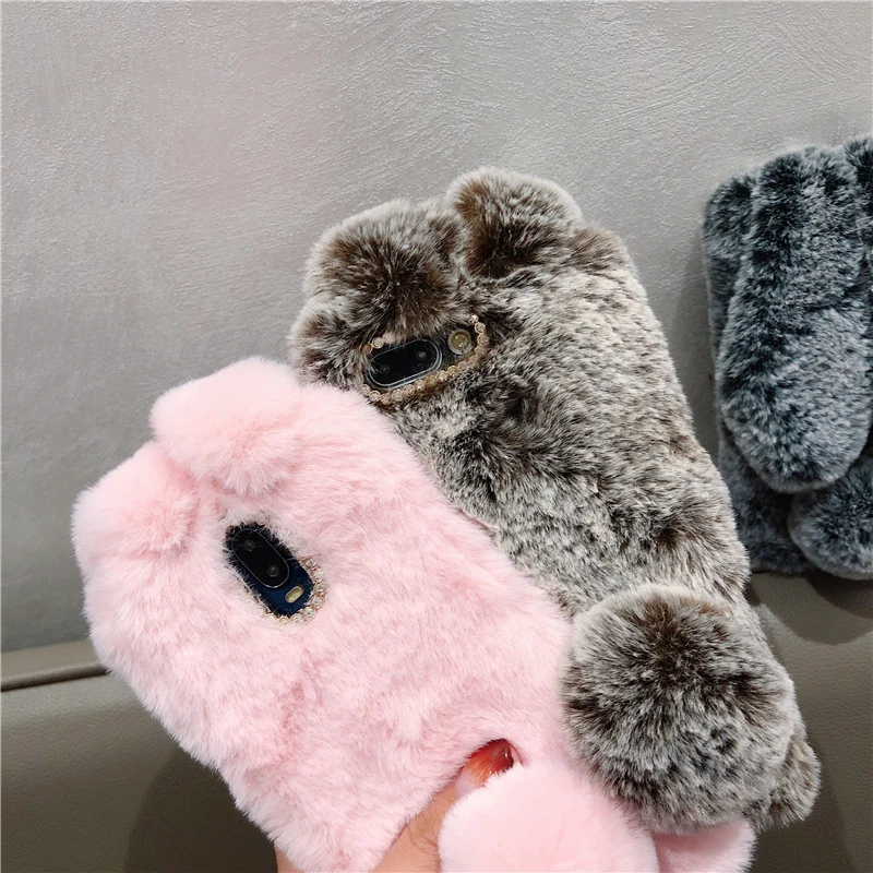 Блестящий чехол из кроличьего меха со стразами для Huawei Y5 2019 Y6 Prime Y7 PRO 2018 Honor 9x pro 7c 6c