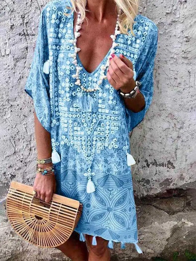 

Sexy Beach Women Swimsuit Cover Up Tassel Design Bathing Suit Cover-Ups Tunics Beachwear Boho Style V-Neck Print Fringed Dress