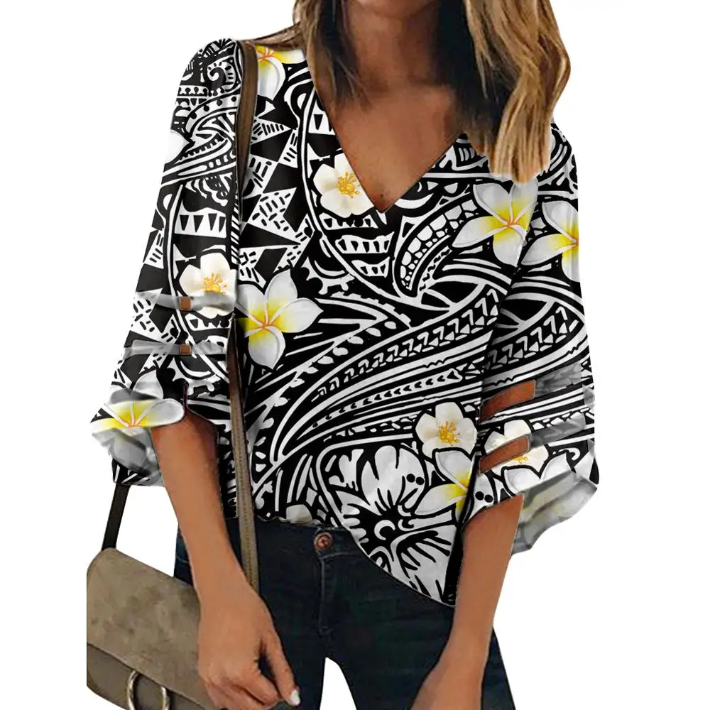 Chic V Neck Floral Print Soft Blouse Casual Loose Shirt Bell Sleeve Chiffon Tops Travel Shopping Clothes Women Polynesian style