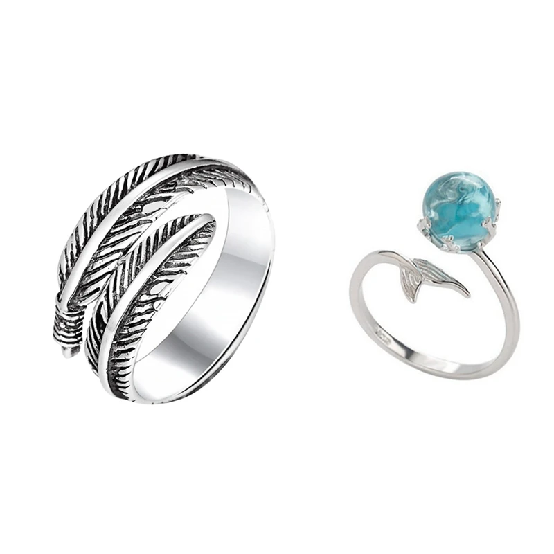 

2 PCS Retro Jewelry Personality Feathers Opening Rings with Silver Color Open Blue Crystal Mermaid Bubble Rings