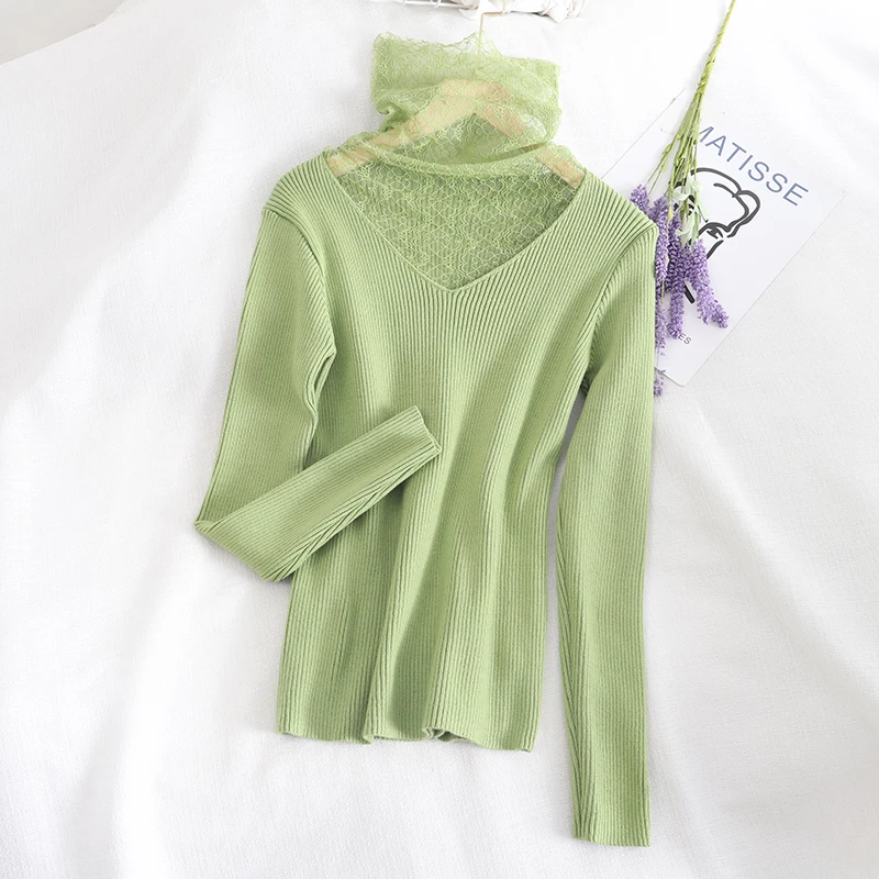 Шикарные женские свитера с кружевным воротником облегающие Женские трикотажные