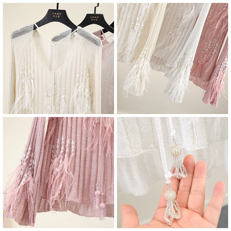 Украшенный перьями свитер женский с пайетками тонкий v-образный вырез отделка