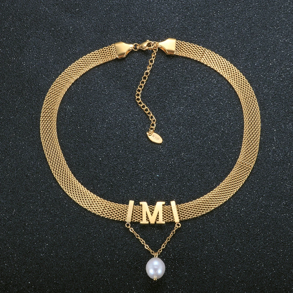 

New Trendy Letter M Tassel Freshwater Pearl Necklace Punk Mom Mesh Necklaces For Women Choker Necklace Jewelry Gift
