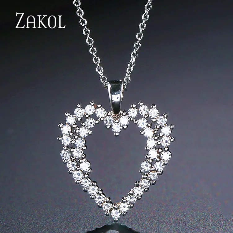 ZAKOL модное ожерелье с кулоном из белого золота с кубическим цирконием, женские вечерние украшения в форме сердца FSNP2028