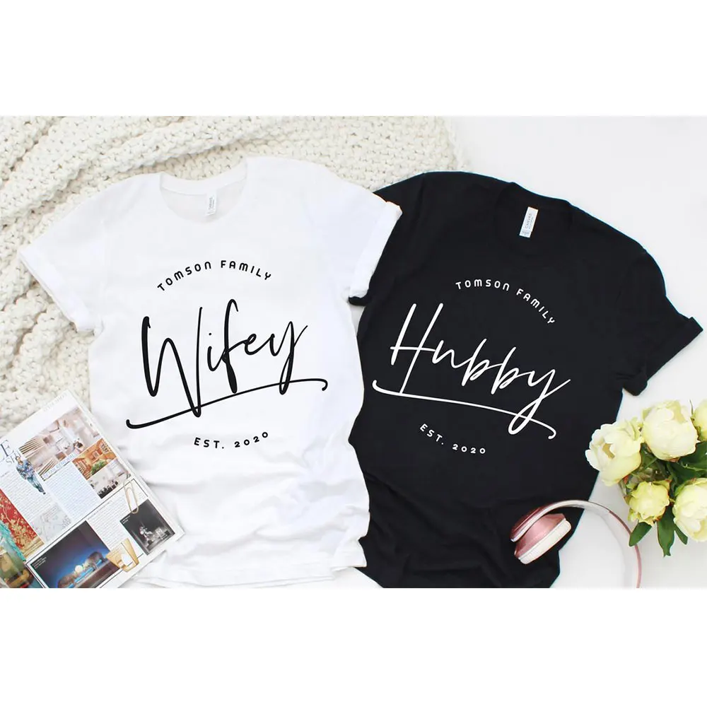 Wifey Hubby Last Name EST Honeymoon T-Shirts Year Personalized Summer O-Neck Cotton Couple's Short Sleeve Casual Unisex Harajuku