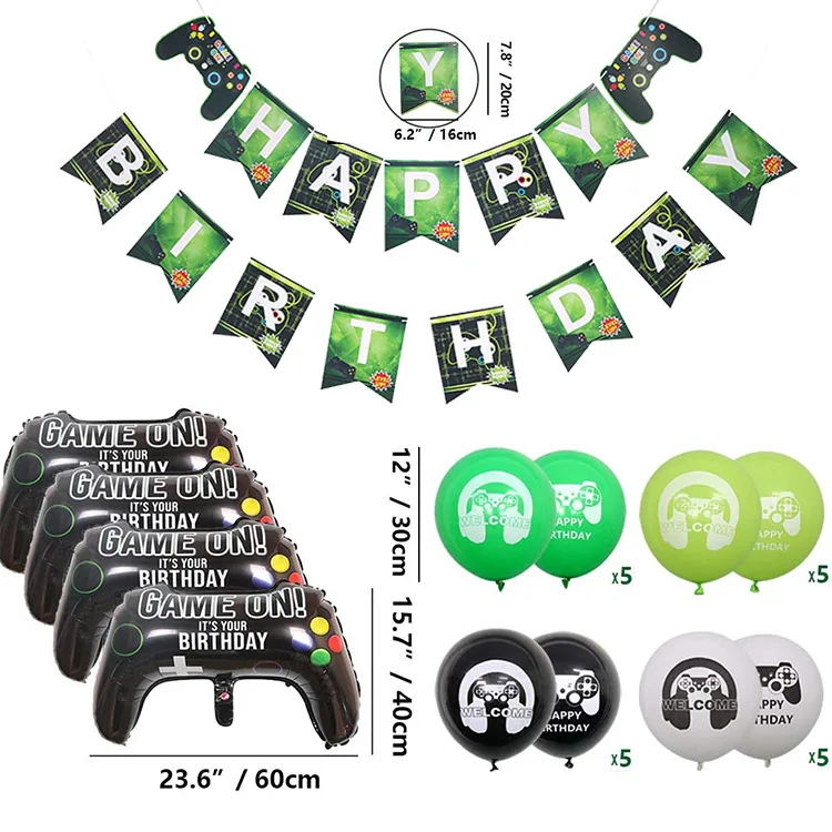 

Children's Party Supplies New Game on Green Video Game Birthday Party Set Banner Set Aluminum Film Balloon Pull Flag