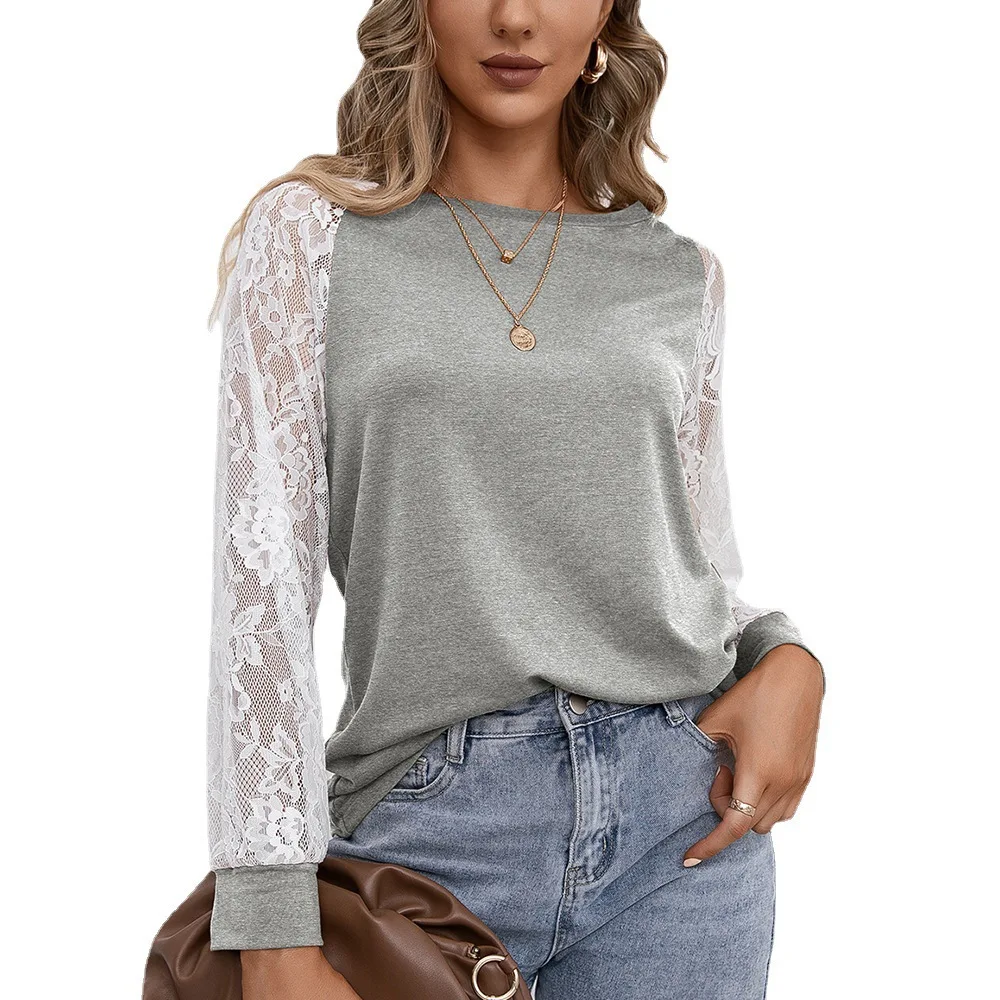 New European and American womens hollow lace stitching long-sleeved round neck T-shirt women