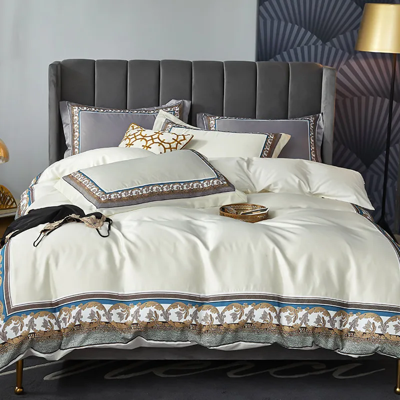 

Luxury Silk Summer bedding set duvet cover queen king size Digital printing simple 100% cotton bed set bed sheet High quality AB