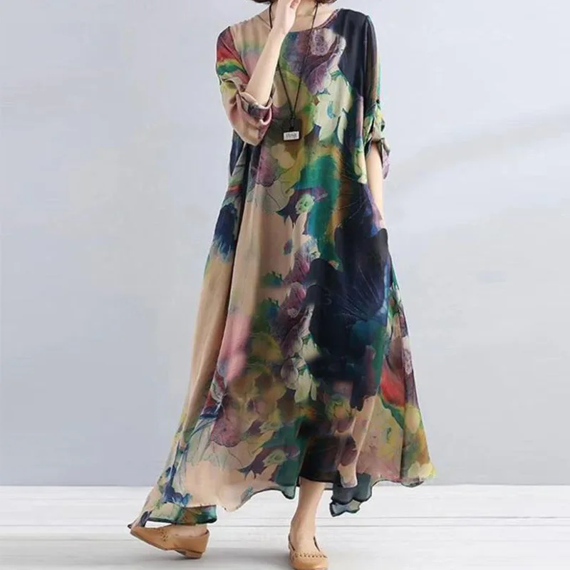 

2021 European and American fashion long skirt retro print irregular dress women's big swing skirt women