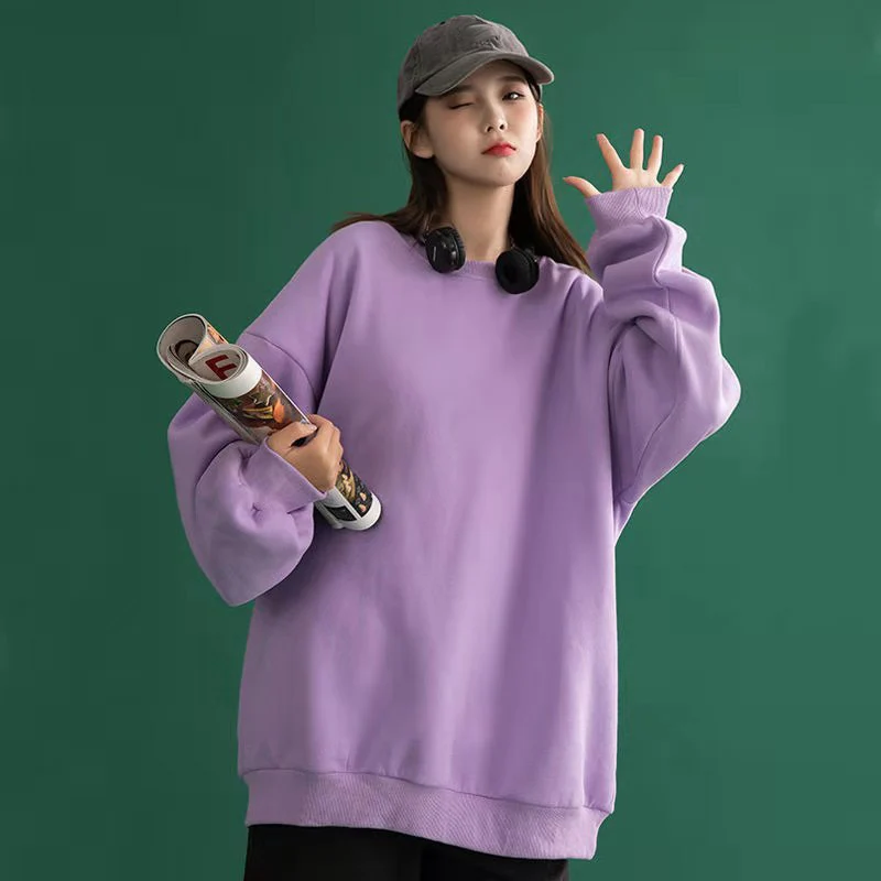 

2021 Korean Spring Top Simple Solid Color Long Sleeve Sweater College Style Loose Round Neck Women's Lovers Thin Pullover