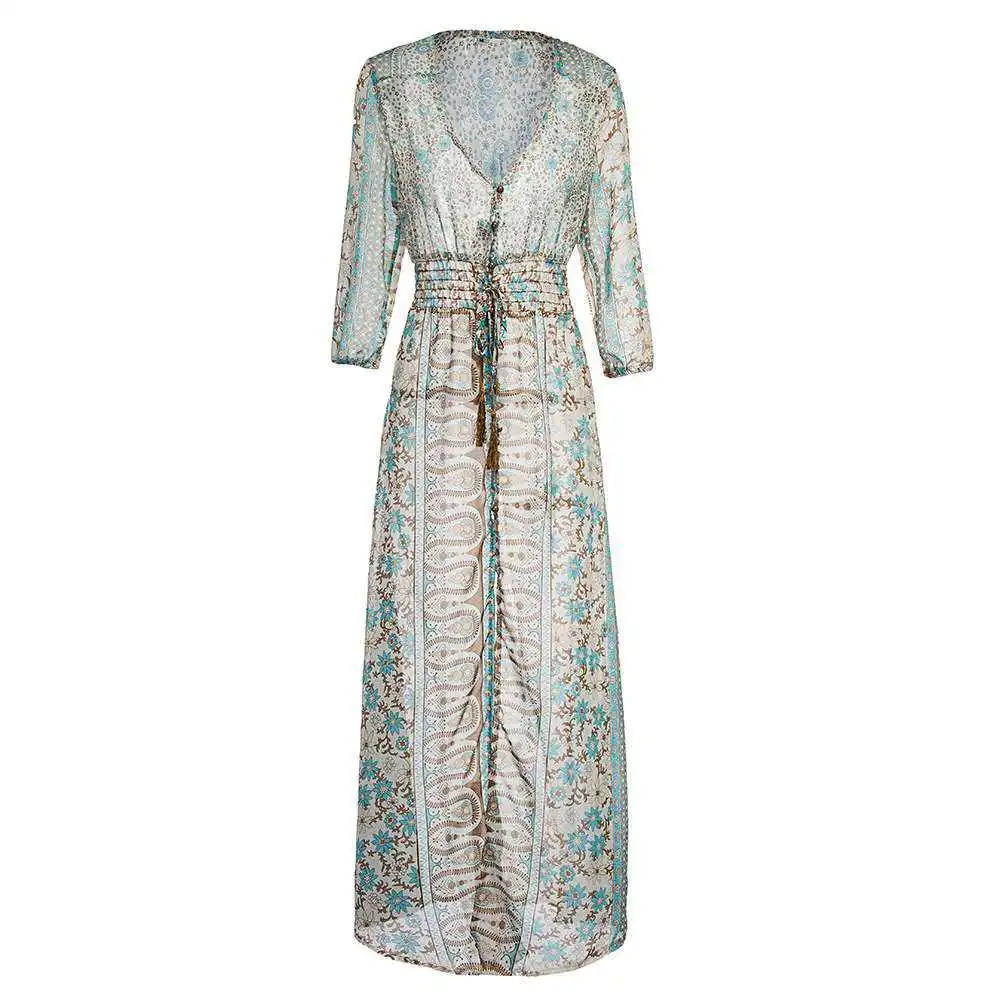 

2020 Women Dresses Summer Autumn Floral Printing Long Dresses V-Neck Three Quarter Button Ankle-Length Bohemian Dress