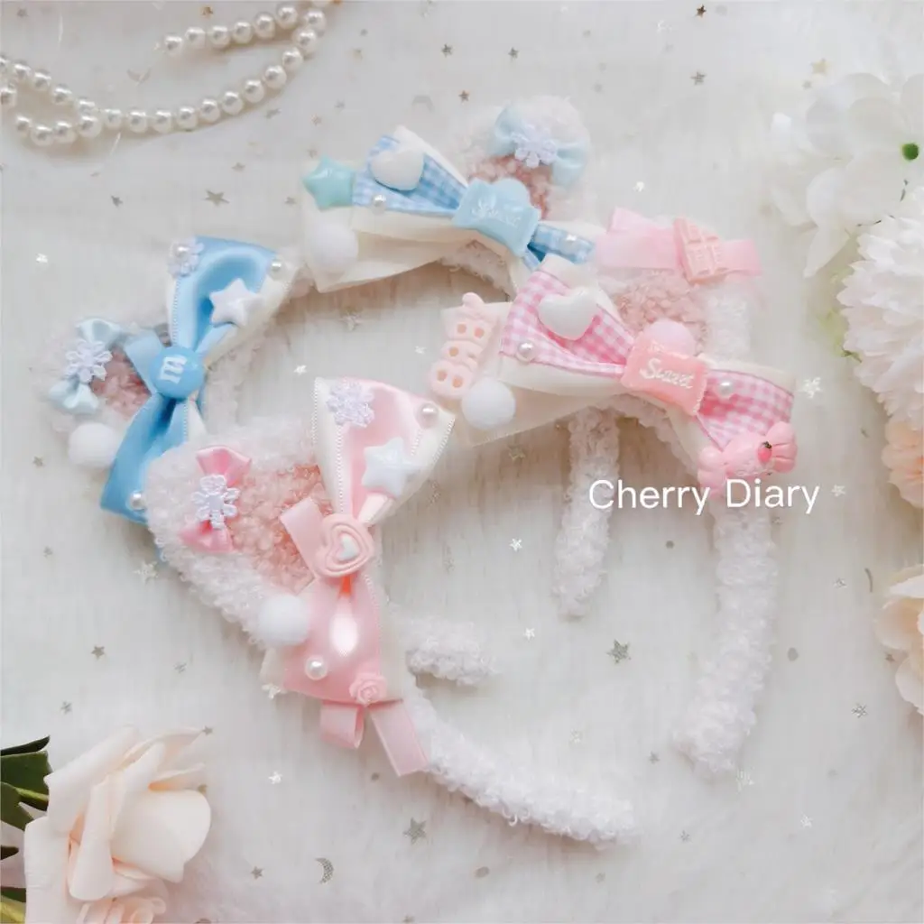 

Original homemade hand-made cat ear hair hoop plush lolita cute Japanese lo Niang sweet KC blue pink headdress