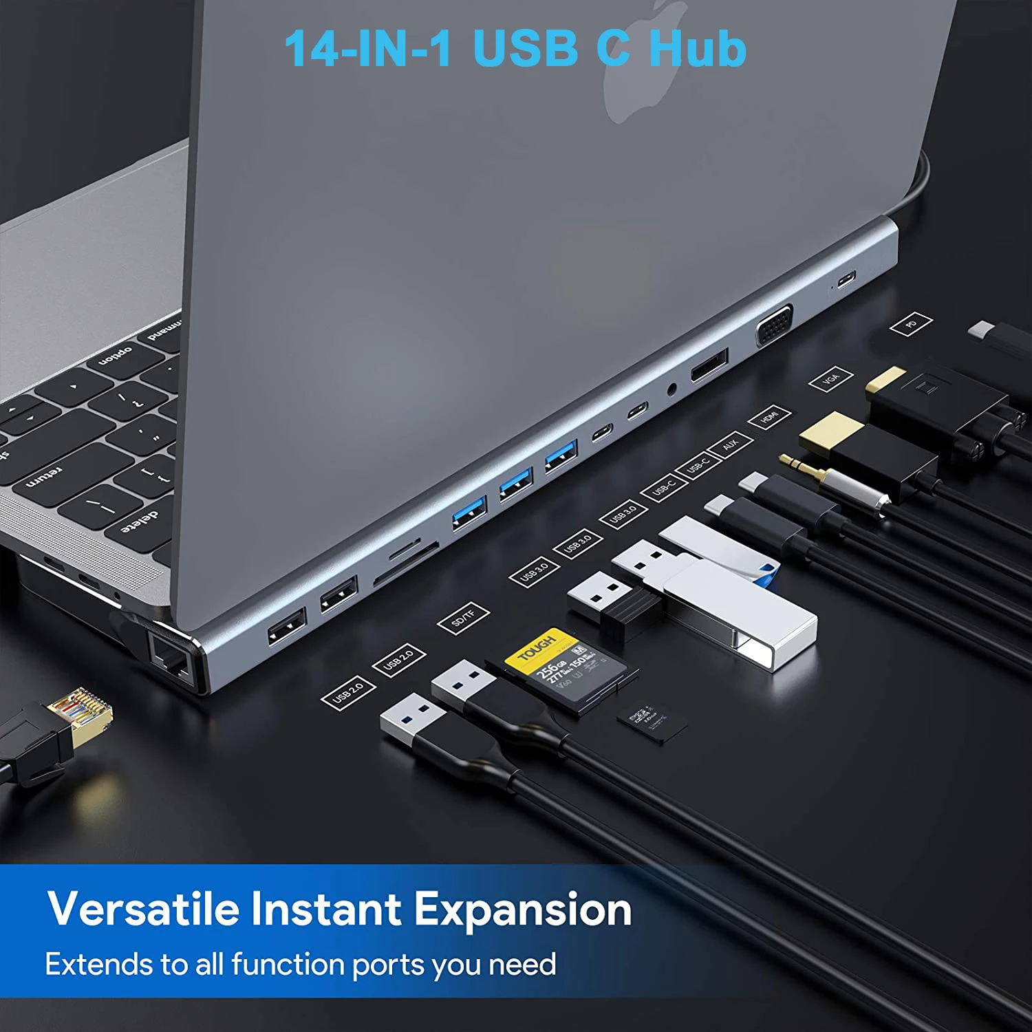 

USB C Hub 14 In 1 USB C Adapter with 4K HDMI VGA USB-C Thunderbolt 3 Gigabit Ethernet Audio SD/TF for MacBook Docking Station