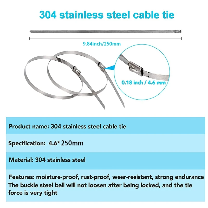 

200PCS Metal Tie Wrap Tool, Stainless Steel Cable Tie Adjustable Tensioning and Cutting Tool, Sizes 4.6X250mm