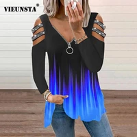 women off shoulder chain strap blouse autumn hollow out long sleeve sequin shirt retro v neck pattern printed top pullover mujer