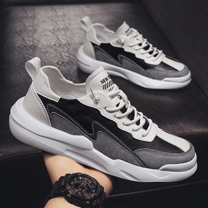 

Men's Fashion Sneakers Mixed Color Leather stitching Lace-Up Shoes Outdoor Trend Breathable Casual Shoes All-Match Men Shoes