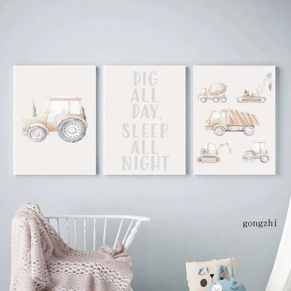 

Watercolor Tractor Posters Dig All Day Sleep All Night Quote Canvas Painting and Prints Wall Art Pictures Boys Room Home Decor