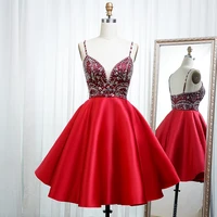 berylove sexy red cocktail dress satin spaghetti straps sweetheart crystal beading girl short prom party gown homecoming dress