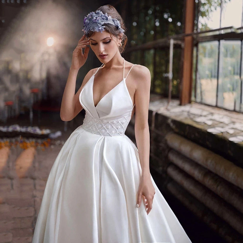 

HERBURNL Sexy V-neck Spaghetti Sling Beaded Ruffled Satin With High Slit Bridal Wedding Gowns Dresses For Women