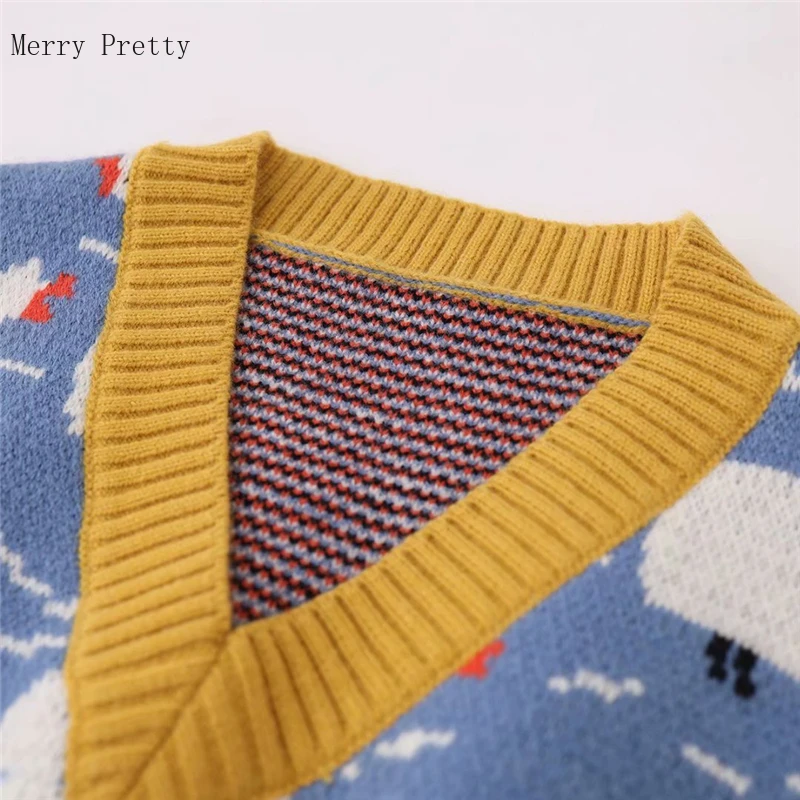 Женский трикотажный жаккардовый жилет свитер без рукавов с мультяшной вышивкой