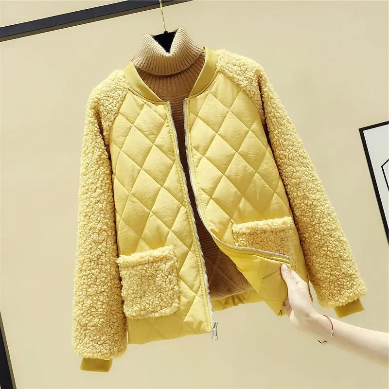 

Winter Coat Women Ultralight Thin Warm Long Faux Lambswool Sleeve Cotton Padded Jacket Solid Color Puffer Jacket Woman Parkas