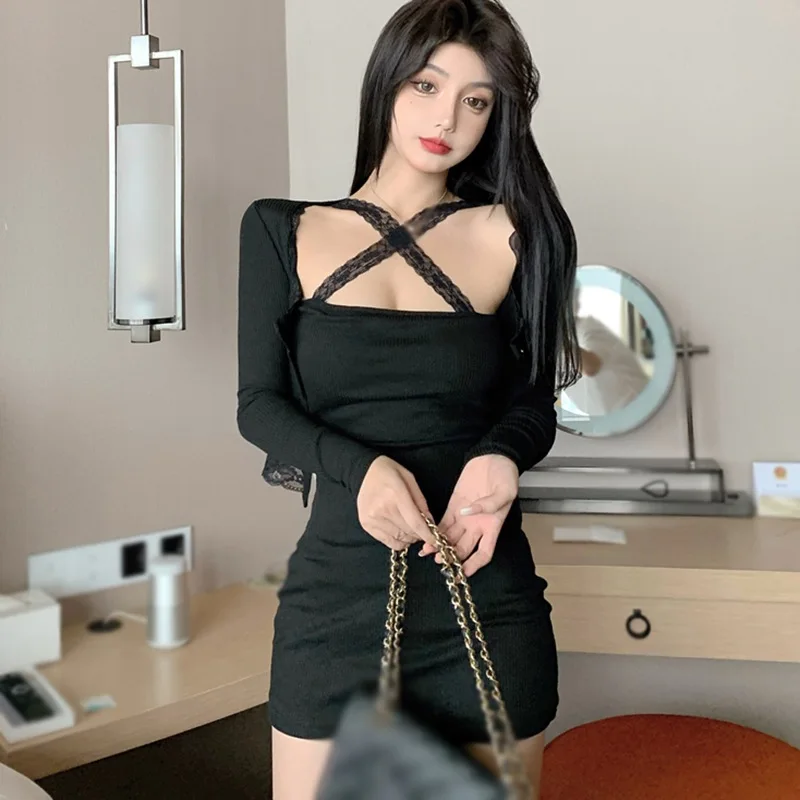 

Women's Sexy Spaghetti Strap Crisscross Solid Dress Long Sleeve Coat