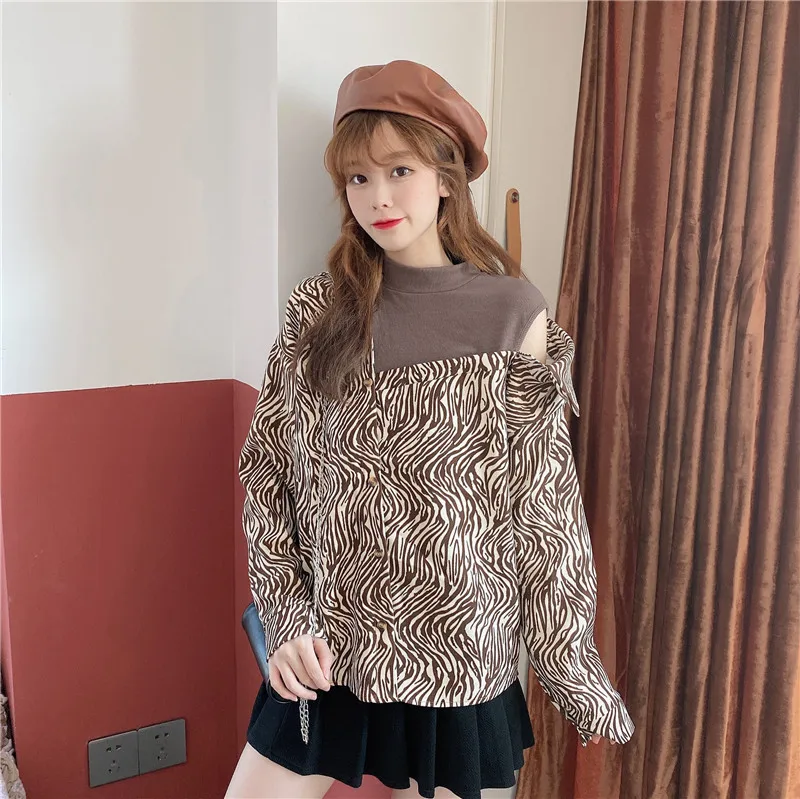 

Fake Two Pieces Autumn Style Off Shoulder Blouses Zebra Pattern Shirts Woman Vintage Style Hollow Out Ladies Tops Fashion Brand