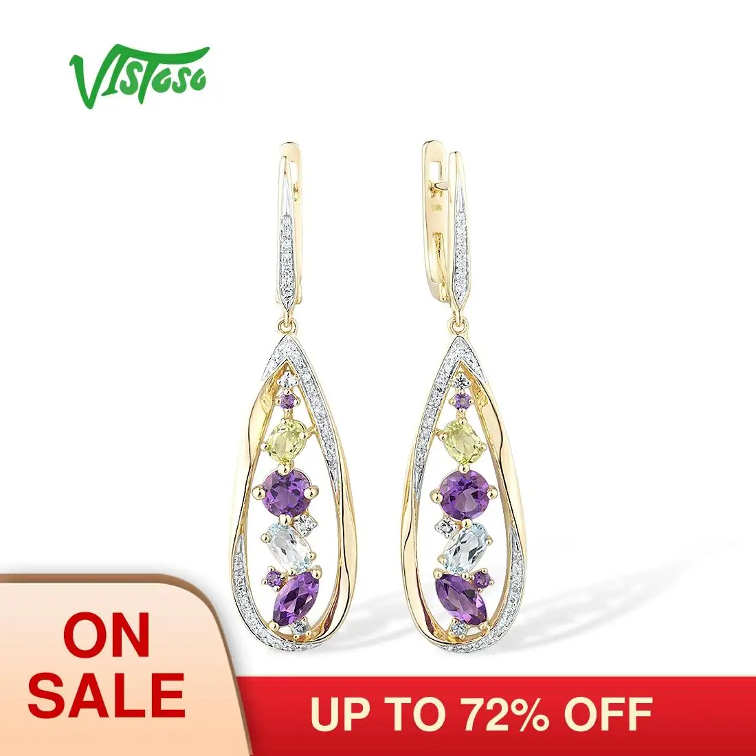 

VISTOSO Pure 9K 375 Yellow Gold Earrings For Women Shiny Colorful Amethyst Topaz Peridot Dangling Earrings Gifts Fine Jewelry