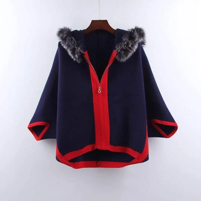 

2021 spring and autumn new Korean bat shirt hooded zipper with fur collar ladies sweater western style casual cardigan