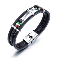 jhsl simple male men statement black pu leather cross charm bracelets bangles fashion jewelry high quality party gift