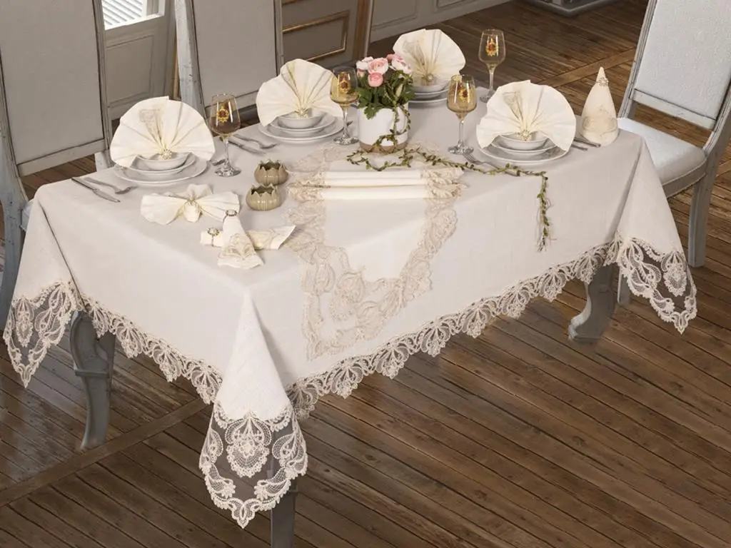 

26 piece French Laced Turquoise Table Cloth Set Cream