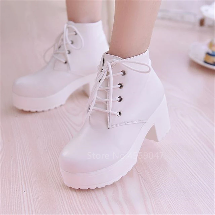 

Japanese College Mori Girl Jk Uniform PU Leatehr Lace Up Platform Black Boots Lolita Gothic Round Head Mary Jane Strap Shoes
