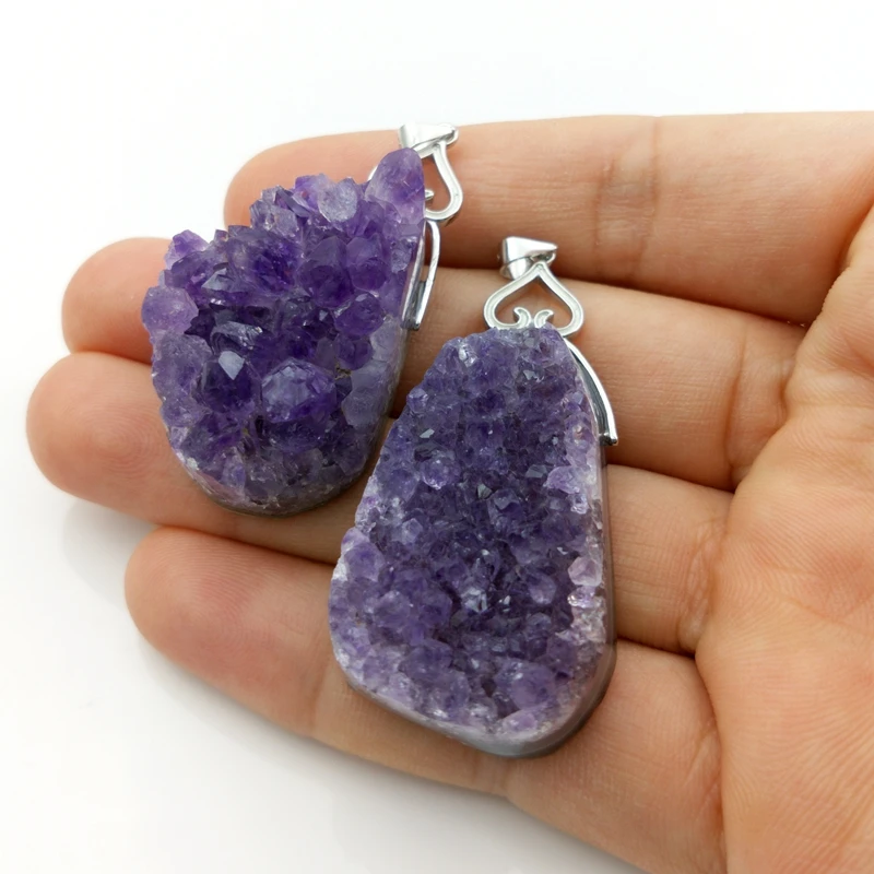 Natural amethysts druzy Pendant Raw Amethysts geode Pendant Gems stone Necklace 925 Sterling silver Charms for women girls