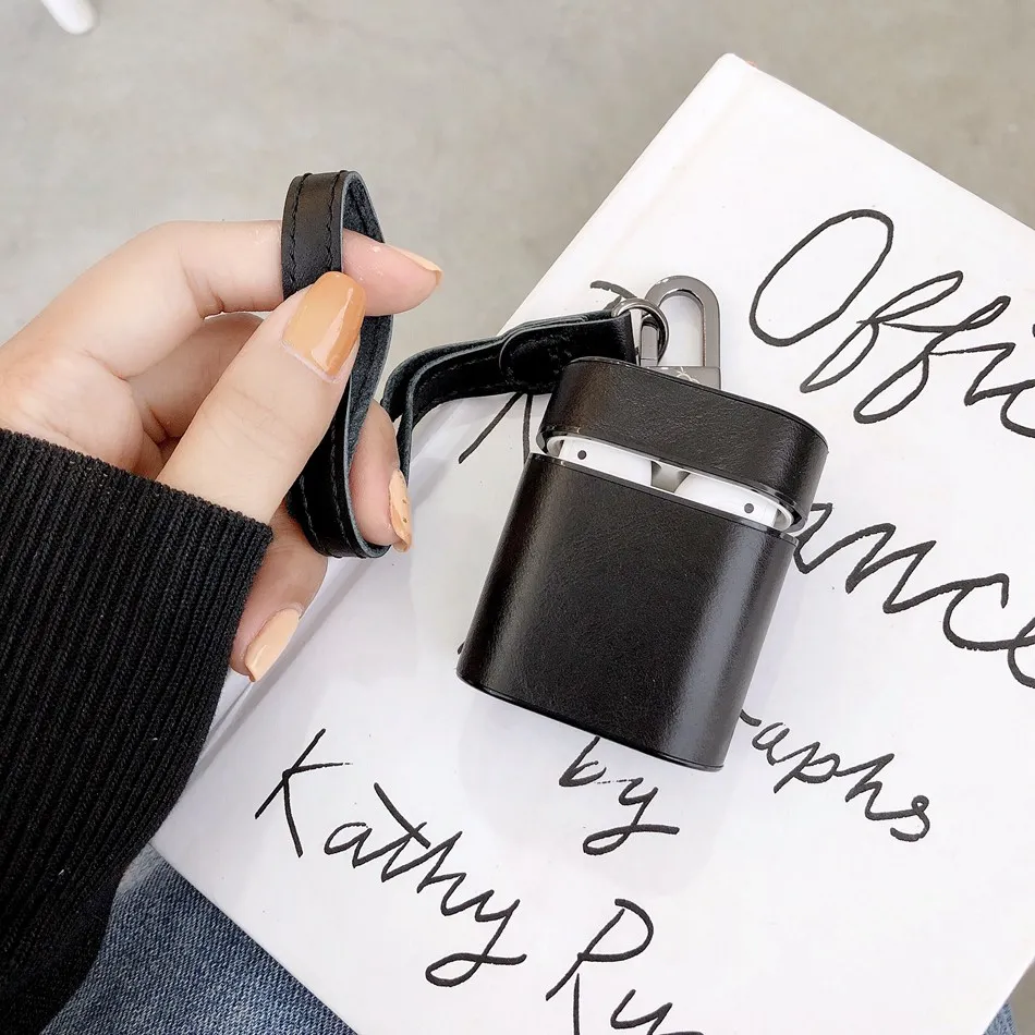 Axbety для AirPods 2 Чехол кожаный чехол для наушников Чехол коробка для Apple Airpods 1 2 Чехол Мягкая микрофибра жесткий чехол - Цвет: Black with strap