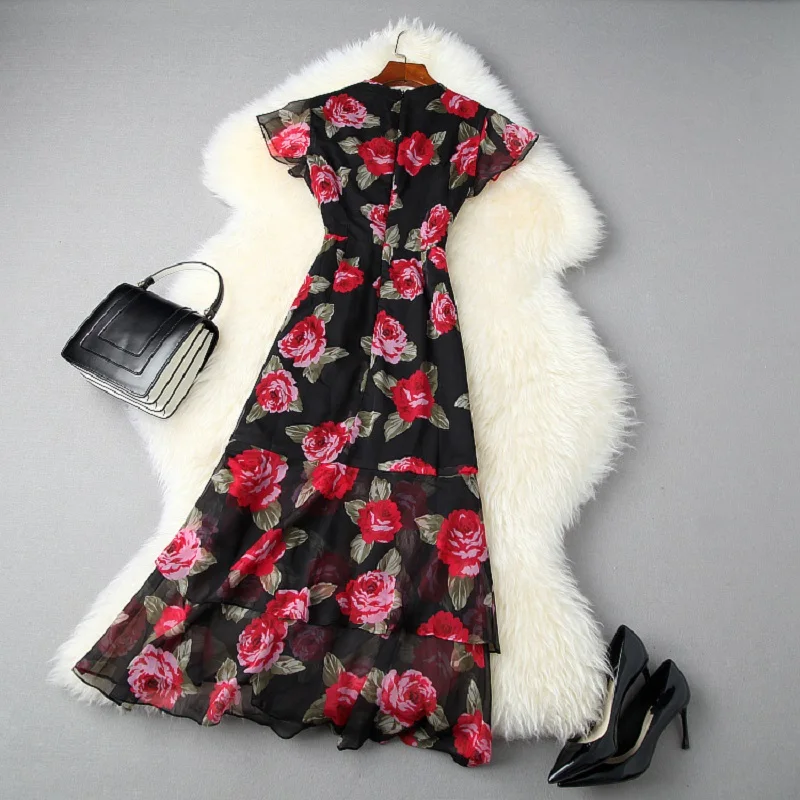 

new spring summer 2021 sexy Chiffon Dress grace Women Slim V-neck Holiday fold dress womanliness Retro printing party dresses