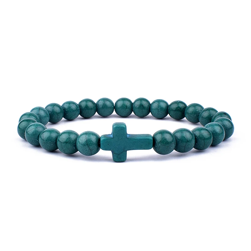 

Fashion Jesus Cross Charm Blue Turquoises Men Bracelet Black Lava Stone 8mm White Beads Bracelets Bangles for Women Yoga Jewelry