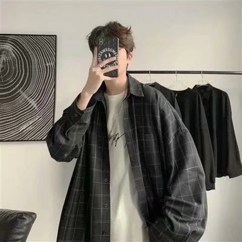 

Korean Style Oversized Plaid Shirt Women Men Tops Turn-Down Collar Loose Long Sleeve Casual Shirts Couples Fashion Many Colour