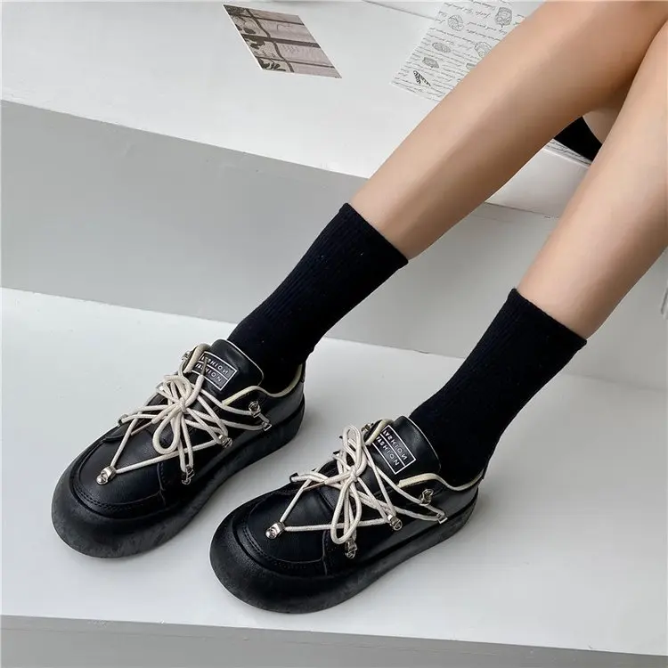 Casual Spring/Autumn Womens Shoes 2021 Fashion Flats Round Toe Lace-up Thick Bottom Breathable All-match Solid High Quality PU
