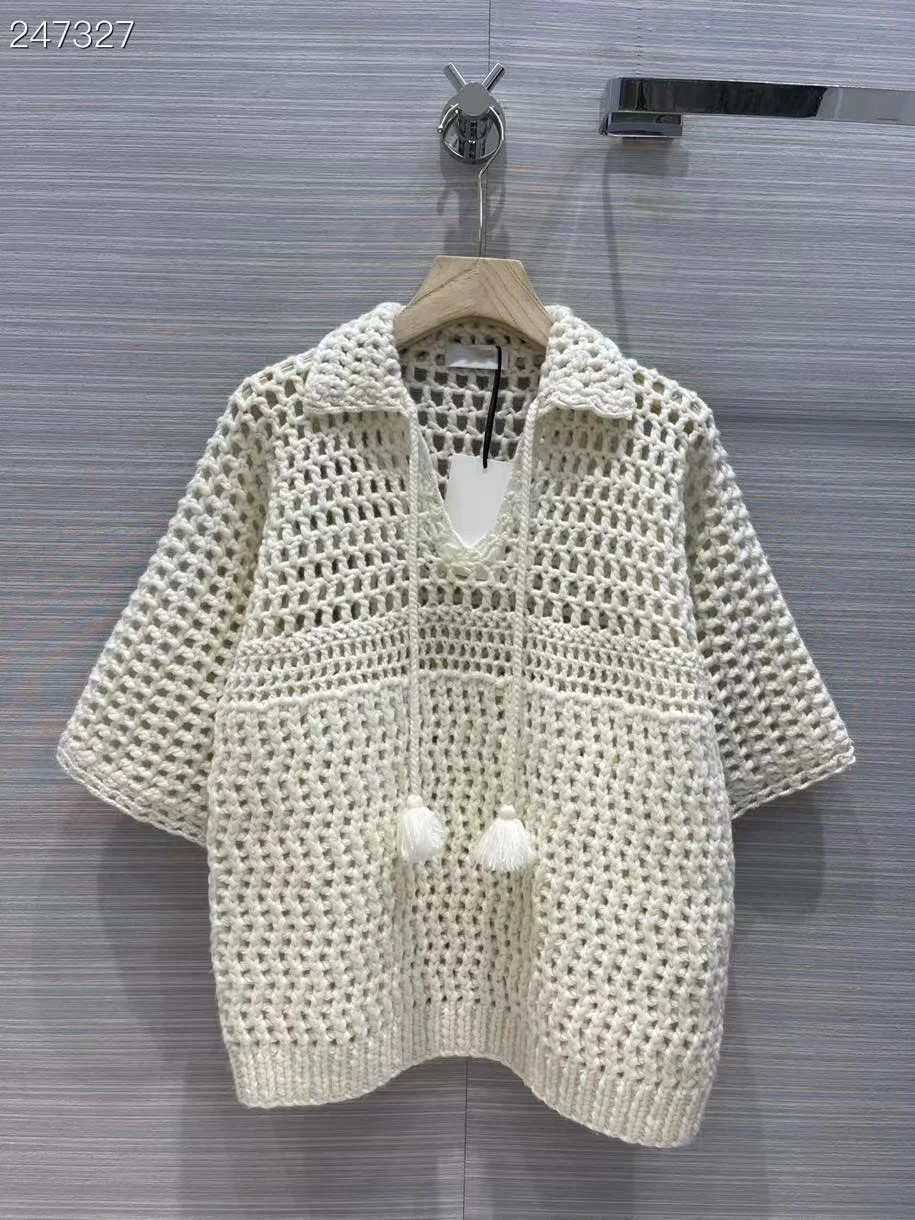 

2021 Pre-Fall Runway Vintage Cashmere Pullover Women Sweater V-neck Hollow Out Crochet Half Sleeve Knitted Jumper