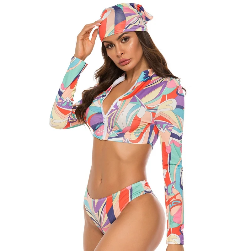 

5XXL Bathing Suit Women 3 Piece Sets Printed Swiming Suit Sexy Zipper Top Long Sleeve Beach Wear Big Size Bikini Swimwear