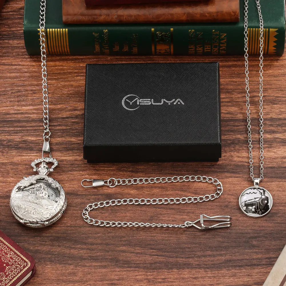 LED Luminous Pocket Watches Silver Steampunk Train Analog Retro Big Quartz Pocket Watch Top Luxury Watch Gifts Set for Men Women